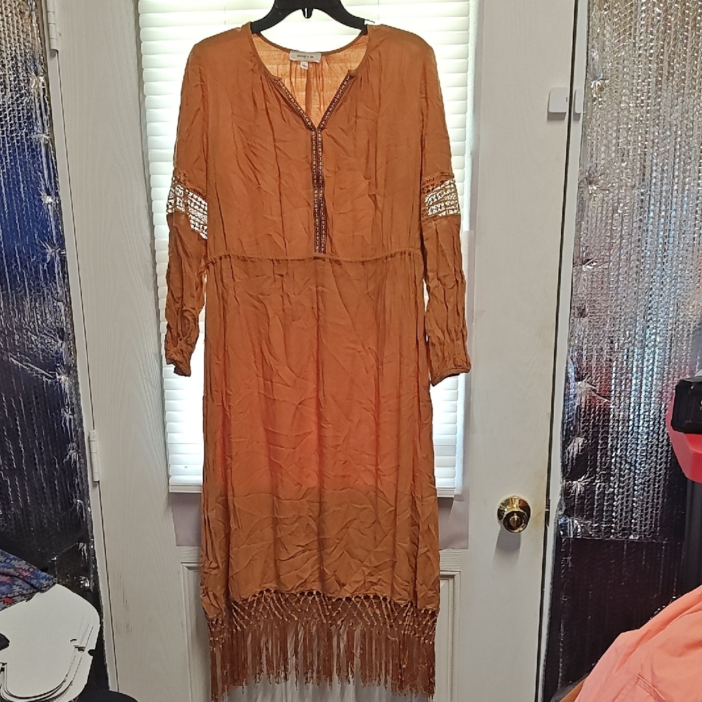 Hailey & Co. Bohemian Fringe Midi Dress in Brown